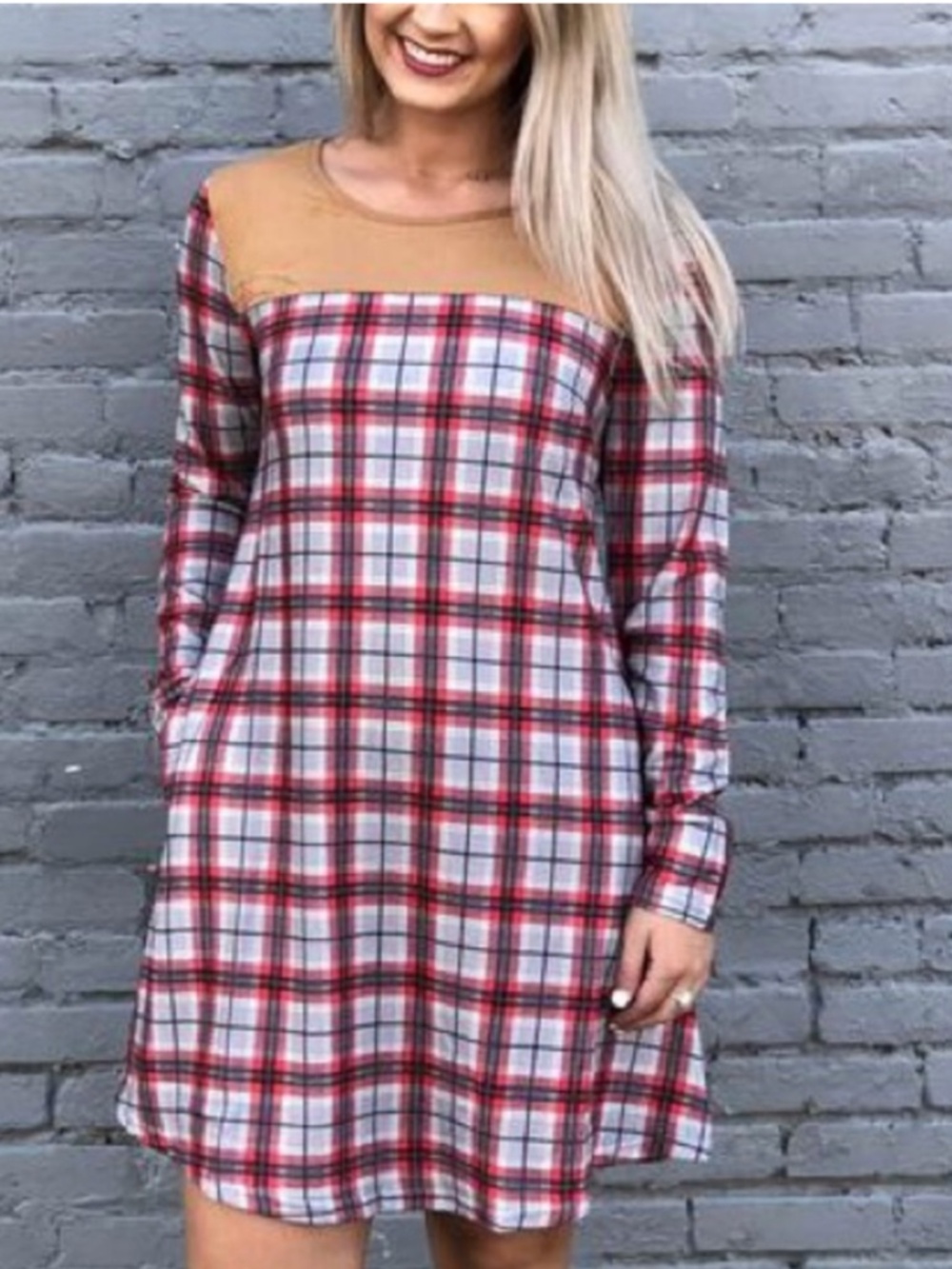 Simply Southern Long Sleeve Red w/ Tan Plaid Mini Dress w/ Pockets Size Small